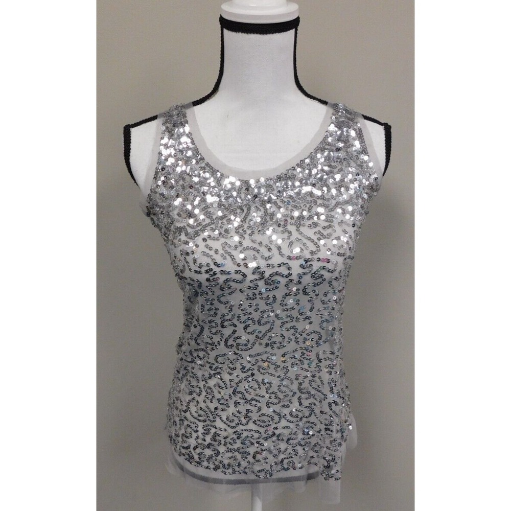 Lipstick Vintage Tank Top Womens Sequin Gemstones Stretch Sexy Silver